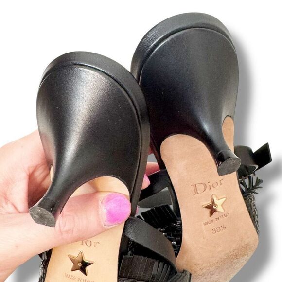 CHRISTIAN DIOR Lambskin Woven Teddy D Mule Sandals Black Kitten Heels Size 38.5 - Picture 7 of 12
